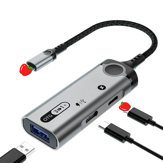 JMT-549898 3-in-1 USB 2.0 OTG Adapter with 8-Pin Connector, Type C PD Charging Port, and Type C Earphone Jack for iPhone and iPad