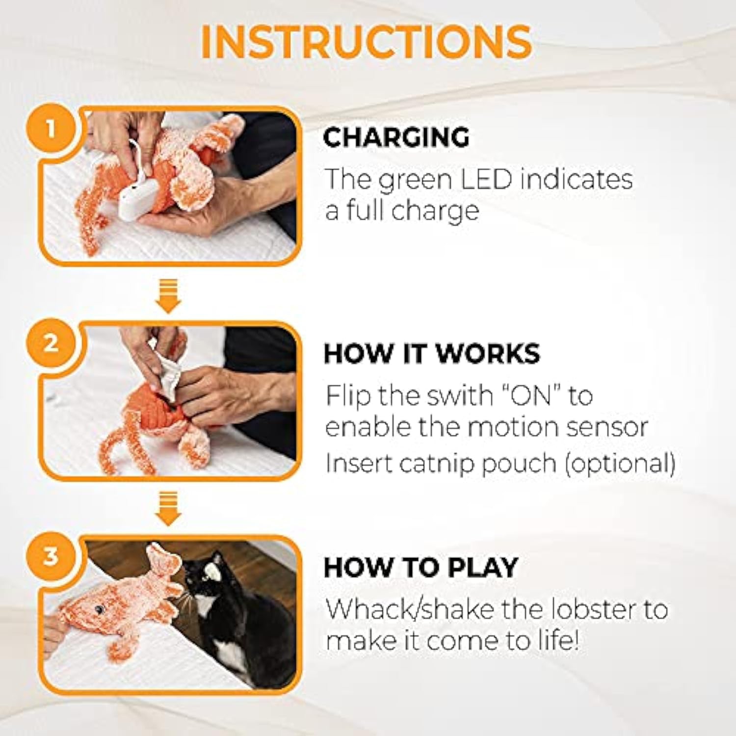 JMT-550218 Flopping Lobster Cat Toy - Catnip-Infused Chew and Kicker with USB Rechargeable and Washable Design for Cats and Small Dogs