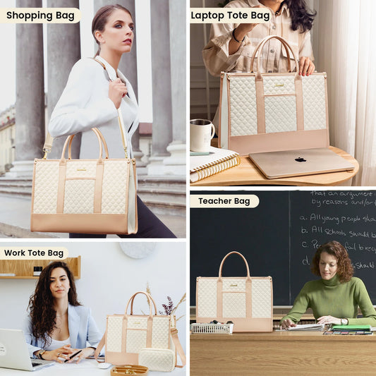 JMT-550218 Quilted Waterproof Laptop Tote Bag for Women, 15.6-Inch Work and Travel Shoulder Bag with Clutch