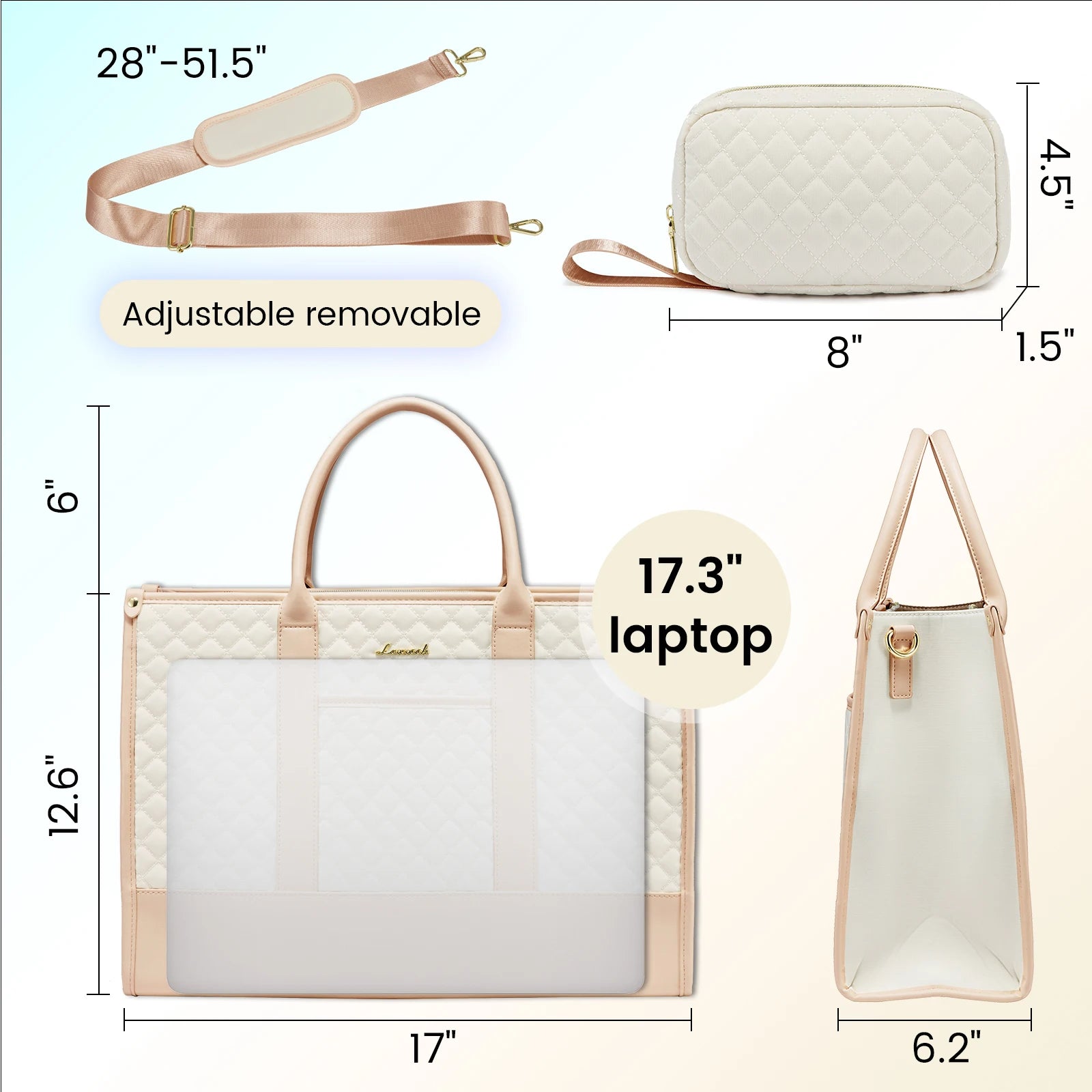 JMT-550218 Quilted Waterproof Laptop Tote Bag for Women, 15.6-Inch Work and Travel Shoulder Bag with Clutch