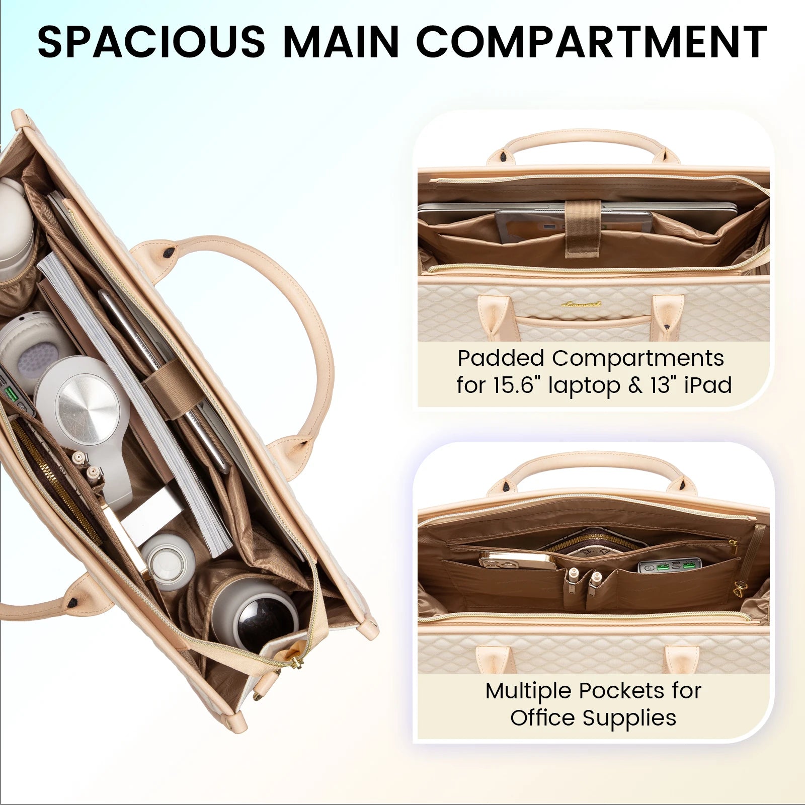 JMT-550218 Quilted Waterproof Laptop Tote Bag for Women, 15.6-Inch Work and Travel Shoulder Bag with Clutch