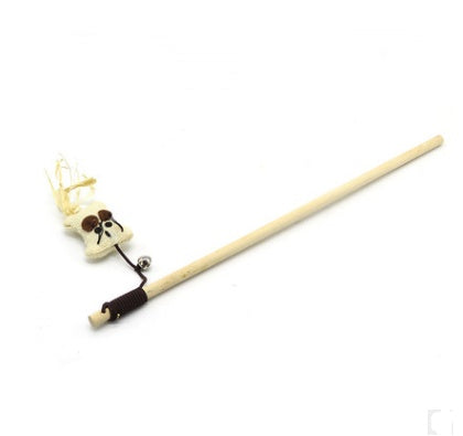 JMT-550538 Solid Wood Cat Stick Toy with Hemp, Feather Rope, and Bell - Handmade Cat Plaything