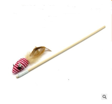 JMT-550538 Solid Wood Cat Stick Toy with Hemp, Feather Rope, and Bell - Handmade Cat Plaything
