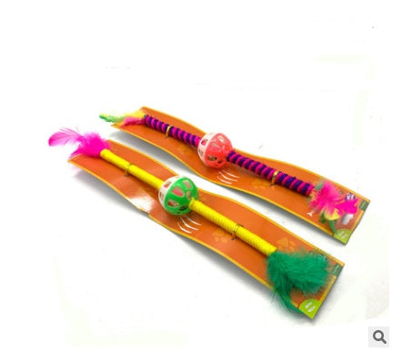 JMT-550538 Solid Wood Cat Stick Toy with Hemp, Feather Rope, and Bell - Handmade Cat Plaything