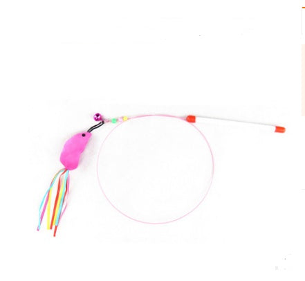 JMT-550538 Solid Wood Cat Stick Toy with Hemp, Feather Rope, and Bell - Handmade Cat Plaything