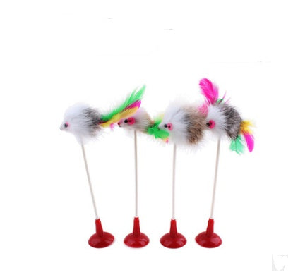 JMT-550538 Solid Wood Cat Stick Toy with Hemp, Feather Rope, and Bell - Handmade Cat Plaything