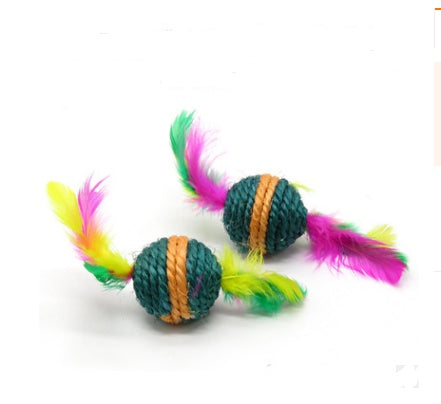 JMT-550538 Solid Wood Cat Stick Toy with Hemp, Feather Rope, and Bell - Handmade Cat Plaything