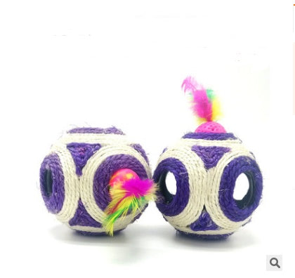 JMT-550538 Solid Wood Cat Stick Toy with Hemp, Feather Rope, and Bell - Handmade Cat Plaything