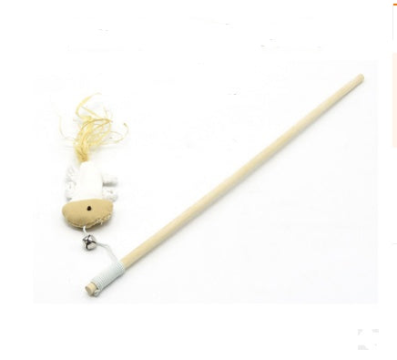 JMT-550538 Solid Wood Cat Stick Toy with Hemp, Feather Rope, and Bell - Handmade Cat Plaything