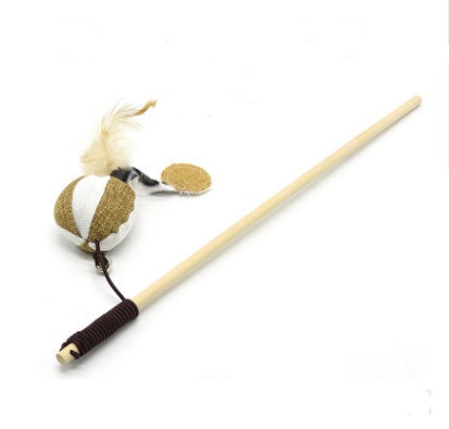 JMT-550538 Solid Wood Cat Stick Toy with Hemp, Feather Rope, and Bell - Handmade Cat Plaything