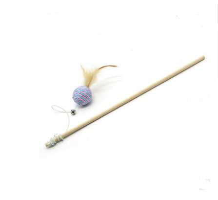 JMT-550538 Solid Wood Cat Stick Toy with Hemp, Feather Rope, and Bell - Handmade Cat Plaything