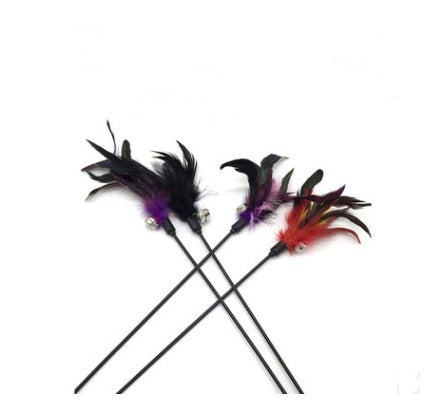 JMT-550538 Solid Wood Cat Stick Toy with Hemp, Feather Rope, and Bell - Handmade Cat Plaything