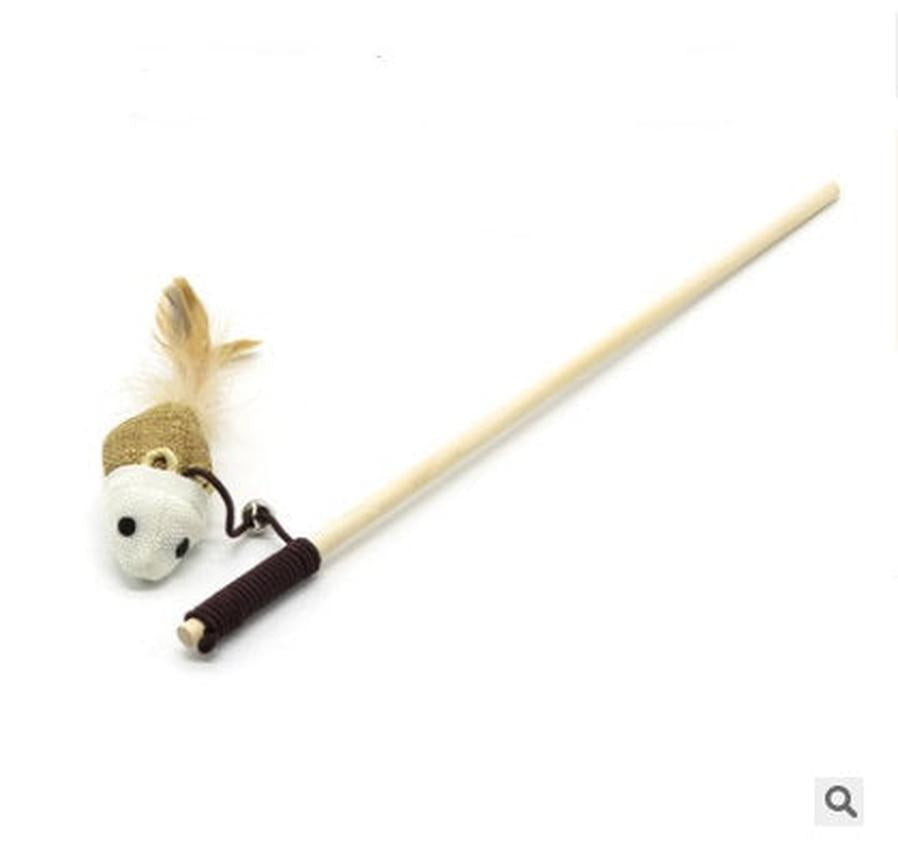JMT-550538 Solid Wood Cat Stick Toy with Hemp, Feather Rope, and Bell - Handmade Cat Plaything