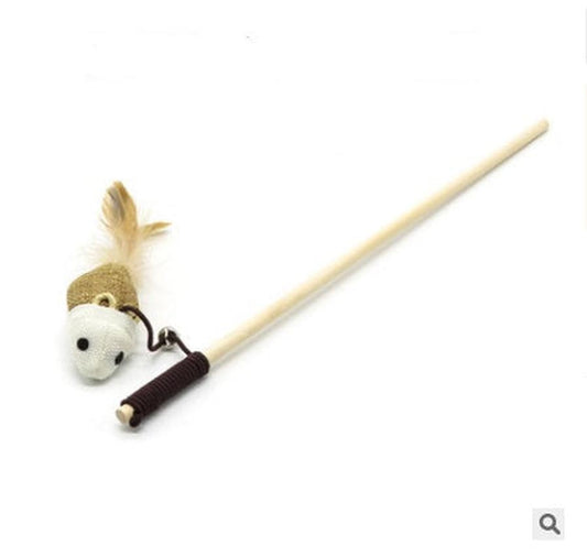 JMT-550538 Solid Wood Cat Stick Toy with Hemp, Feather Rope, and Bell - Handmade Cat Plaything