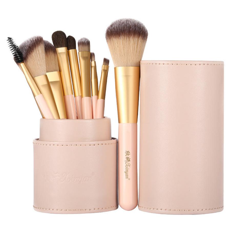 JMT-551818 9-Piece Cosmetic Brush Set with Small Horse Hair Brushes in Portable Barrel Bag