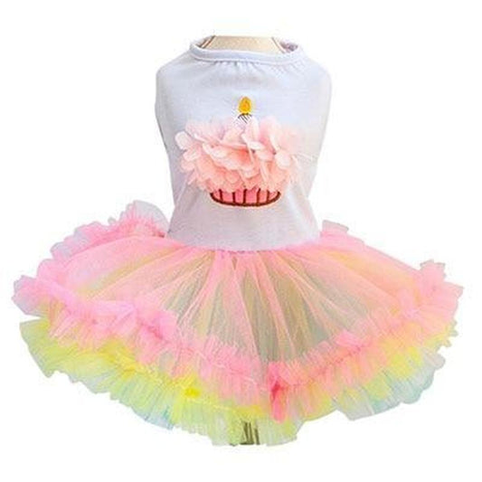 JMT-552330 Floral Cotton Cupcake Tutu Dress for Dogs - White with Colorful Lace, Multiple Sizes Available