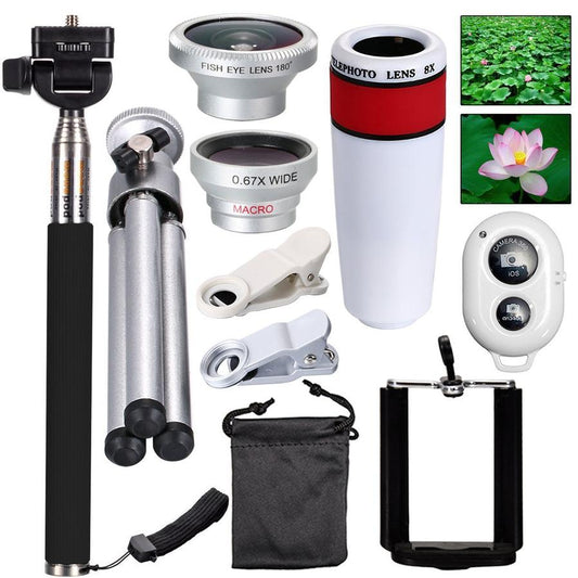 JMT-553226 8X/12X Telephoto Lens Set with Fisheye, Wide Angle, Macro Options and Selfie Stick