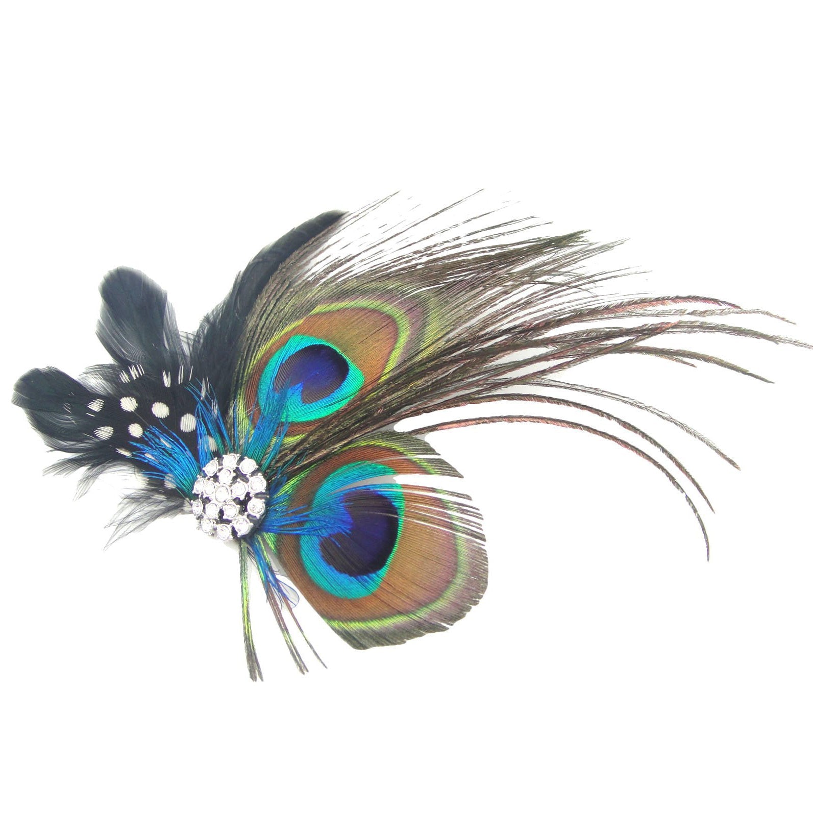 JMT-553226 Elegant Peacock Feather Hairpin with Diamond Accent and Ball Clip