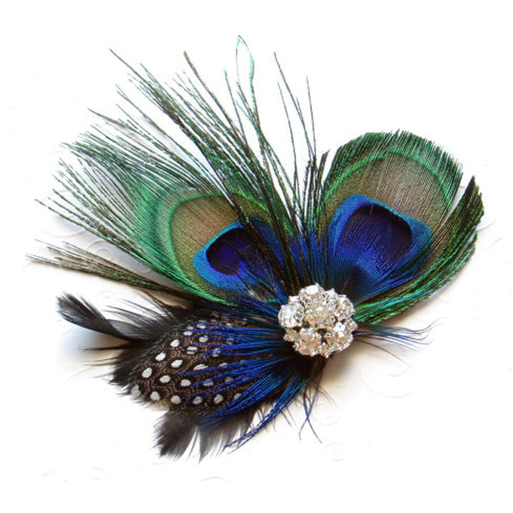 JMT-553226 Elegant Peacock Feather Hairpin with Diamond Accent and Ball Clip