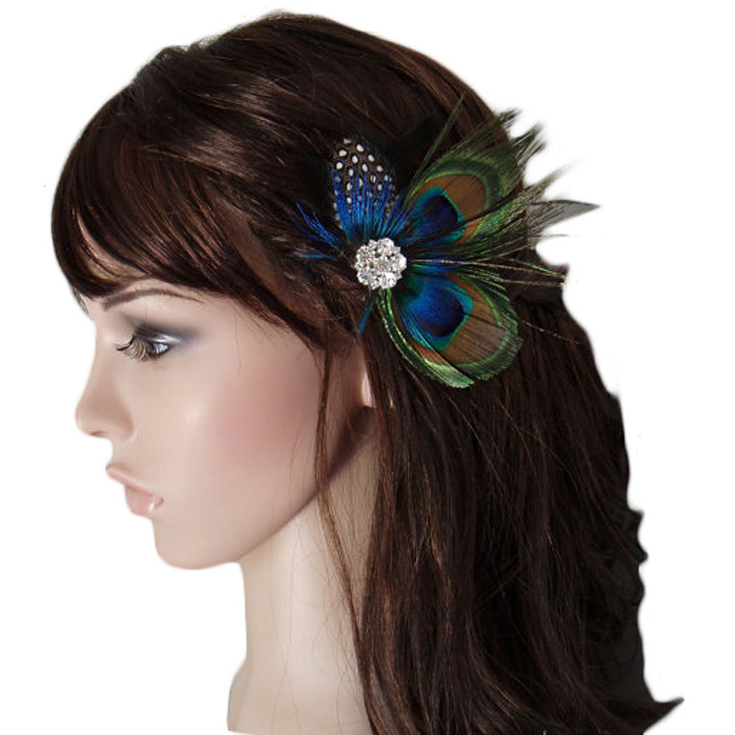 JMT-553226 Elegant Peacock Feather Hairpin with Diamond Accent and Ball Clip