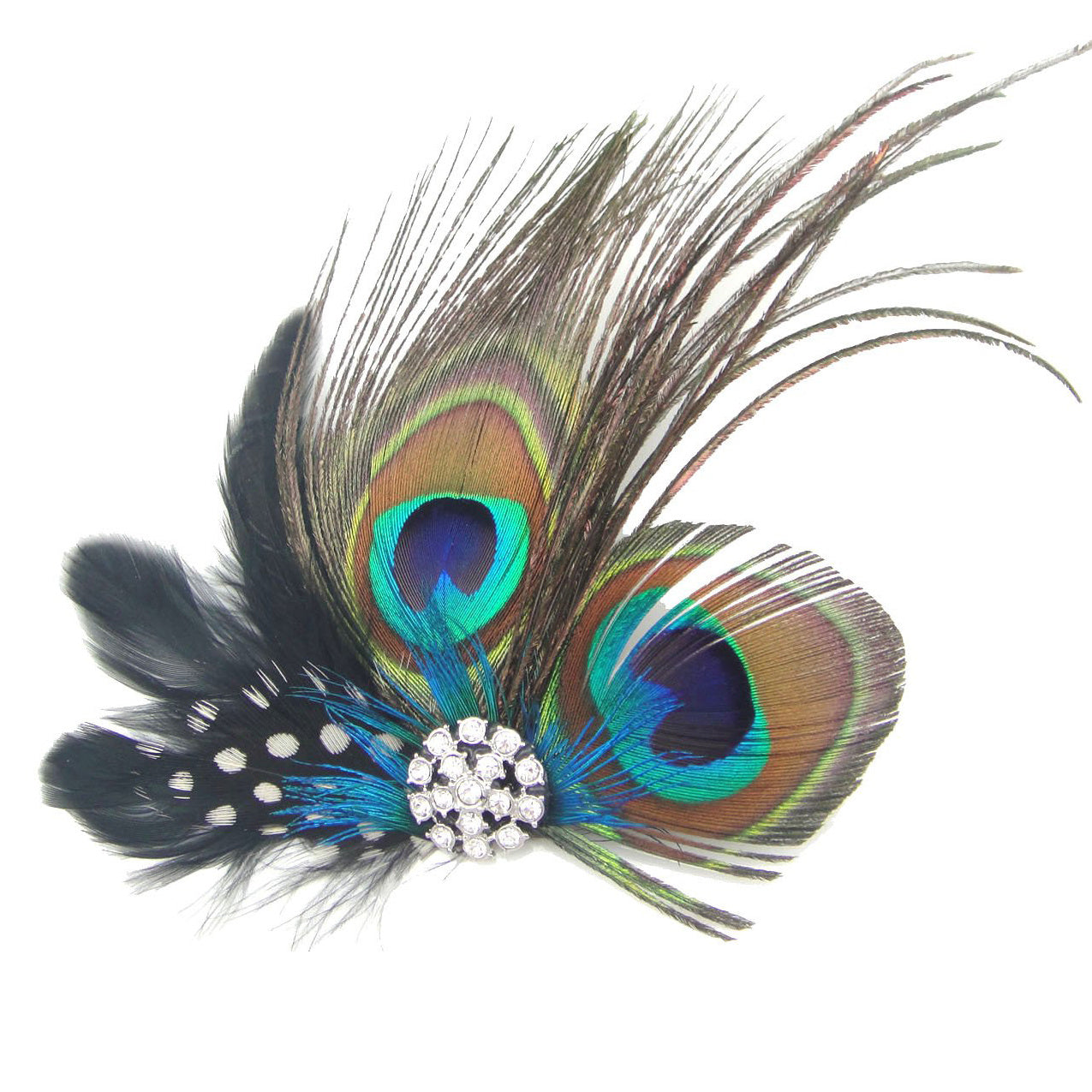 JMT-553226 Elegant Peacock Feather Hairpin with Diamond Accent and Ball Clip