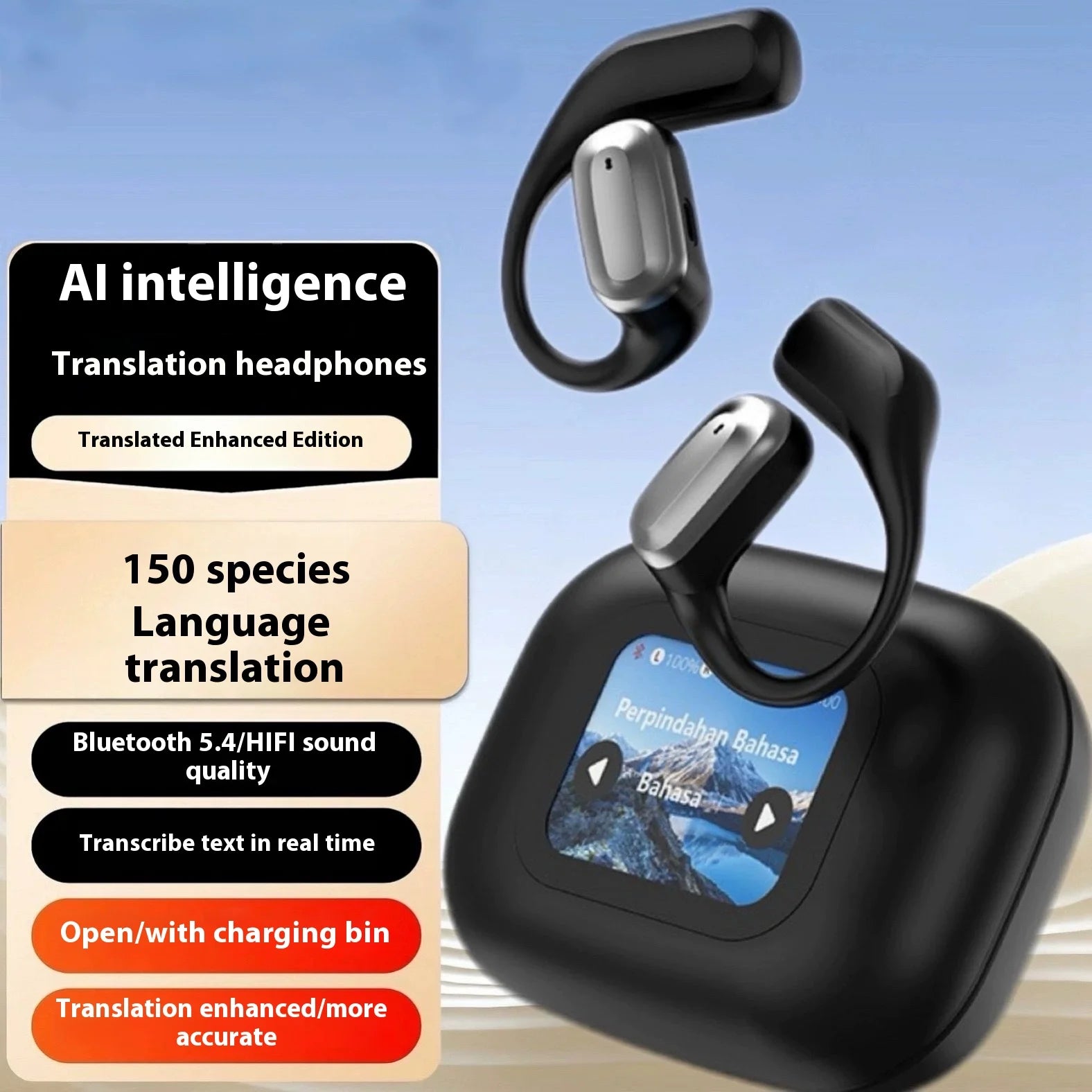 JMT-553866 AI Translation Bluetooth Headset with Color Screen and Long Battery Life, LED Indicator, Simultaneous Interpretation