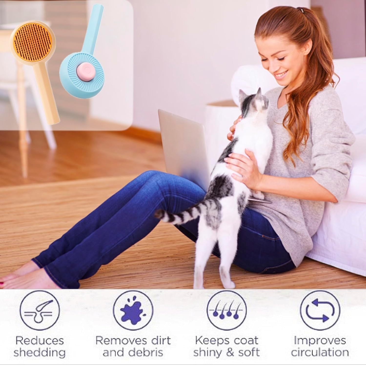 JMT-555082 Self-Cleaning Pet Grooming Brush for Cats and Dogs - 2-in-1 Deshedding and Massage Tool with 140° Angled Wire Needle