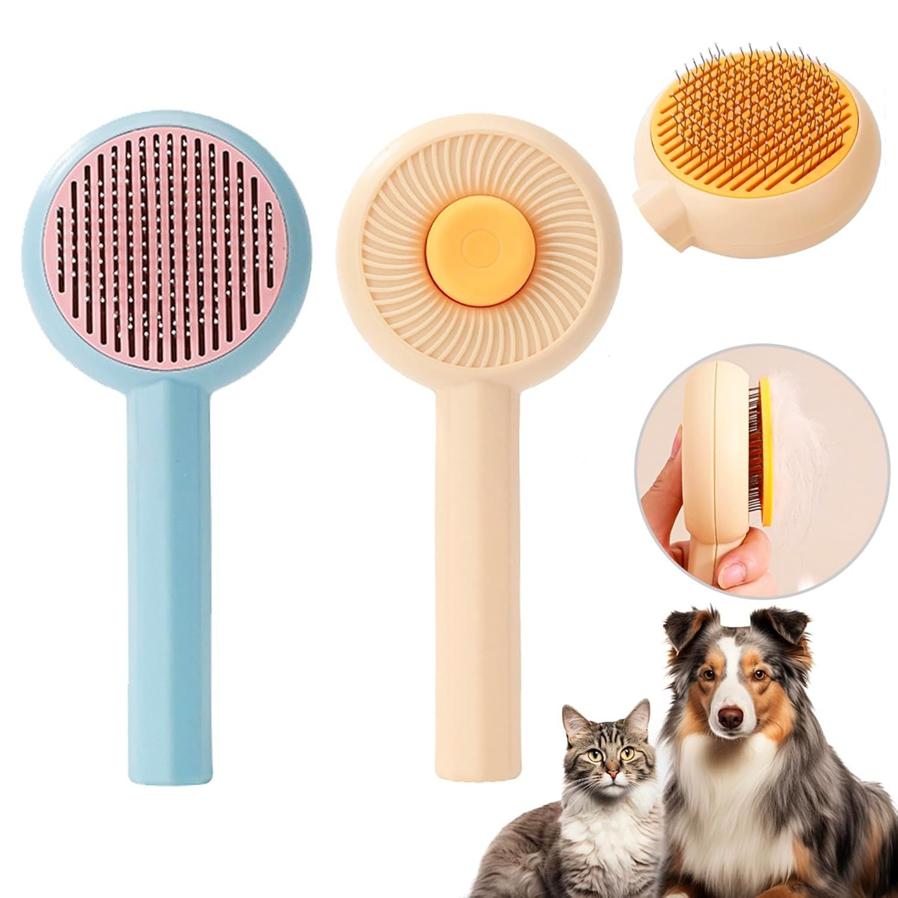 JMT-555082 Self-Cleaning Pet Grooming Brush for Cats and Dogs - 2-in-1 Deshedding and Massage Tool with 140° Angled Wire Needle