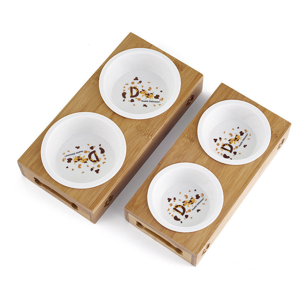 JMT-556170 Double Bowl Stainless Steel Cat Food and Water Dispenser with Bamboo Frame