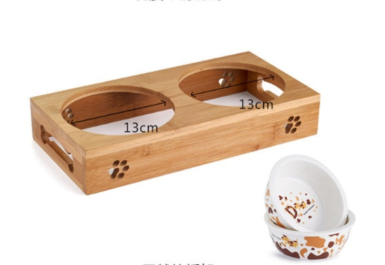JMT-556170 Double Bowl Stainless Steel Cat Food and Water Dispenser with Bamboo Frame