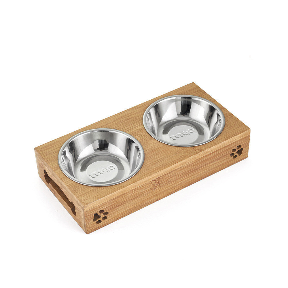 JMT-556170 Double Bowl Stainless Steel Cat Food and Water Dispenser with Bamboo Frame