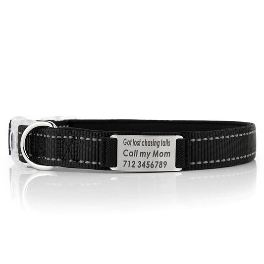 JMT-556810 Customized Nylon Dog Collar with Reflective Strips and Stainless Steel Tag - Available in Multiple Colors and Sizes