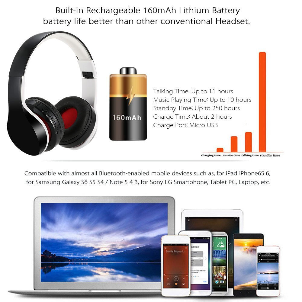 JMT-557642 Foldable Waterproof Mobile Bluetooth Earphones with Mic - Stereo Headset, 10m Range, TF Card Support, Up to 11 Hours Talking Time