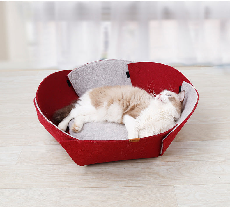 JMT-559754 Four Seasons Removable Felt Cat Nest with Lamb Down, 47x40x25 cm, Red