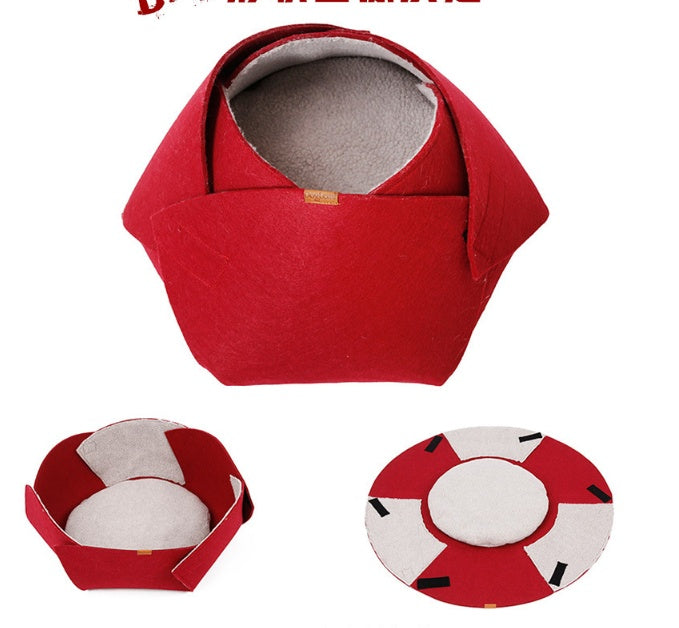 JMT-559754 Four Seasons Removable Felt Cat Nest with Lamb Down, 47x40x25 cm, Red