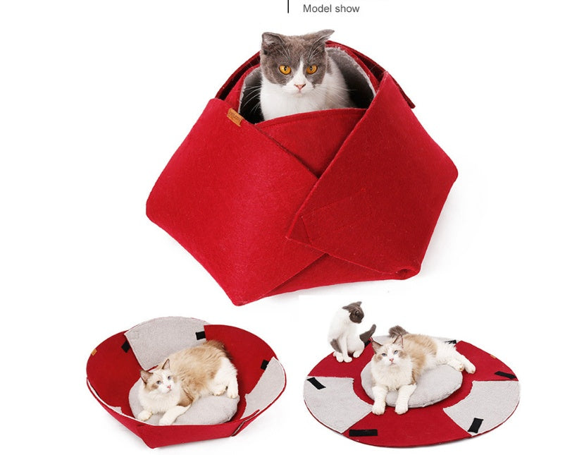 JMT-559754 Four Seasons Removable Felt Cat Nest with Lamb Down, 47x40x25 cm, Red