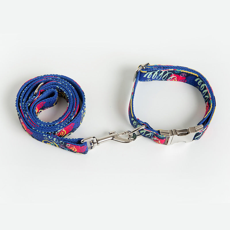 JMT-559946 Graffiti Print Pet Collar and Leash Set in Blue