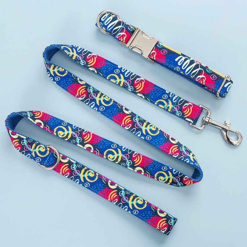 JMT-559946 Graffiti Print Pet Collar and Leash Set in Blue