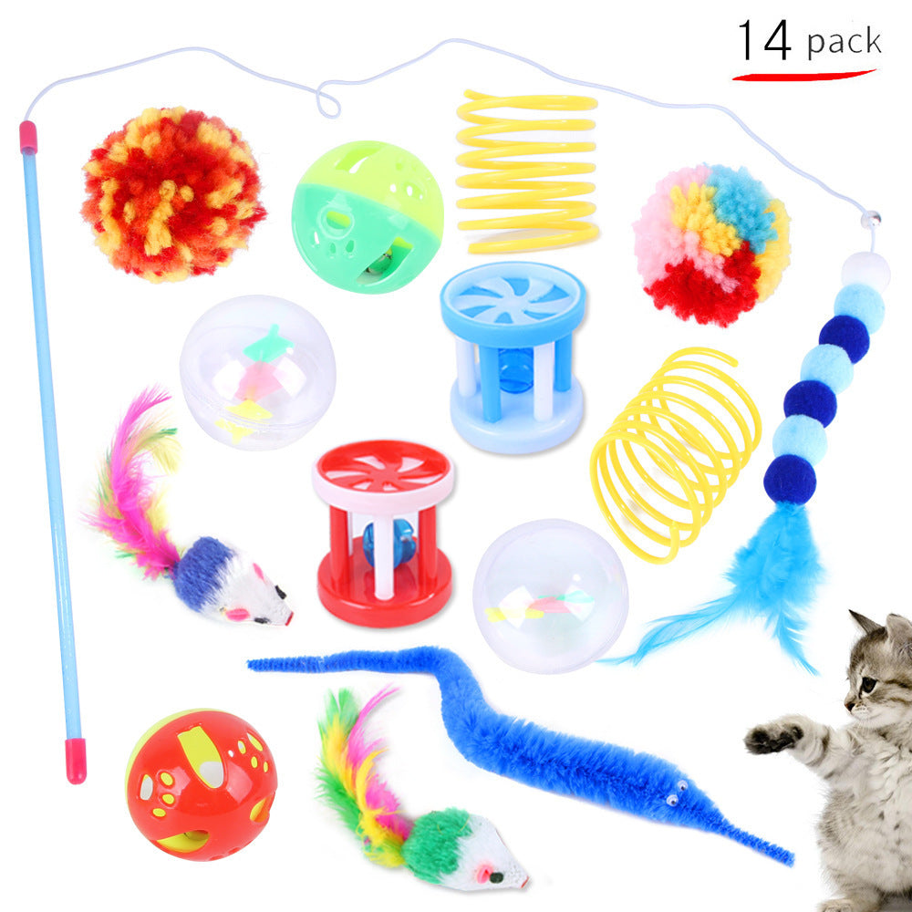 JMT-560586 Interactive Plush Cat Toy Set - 14-Piece Variety of Fun Stick Combinations for Playtime