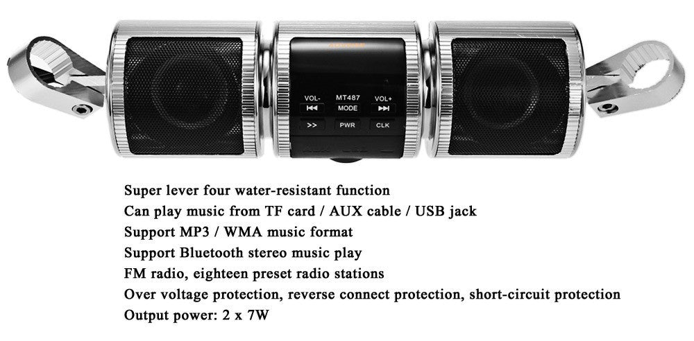 JMT-561418 Waterproof Bluetooth Motorcycle Speakers with FM Radio, USB and AUX Audio Player