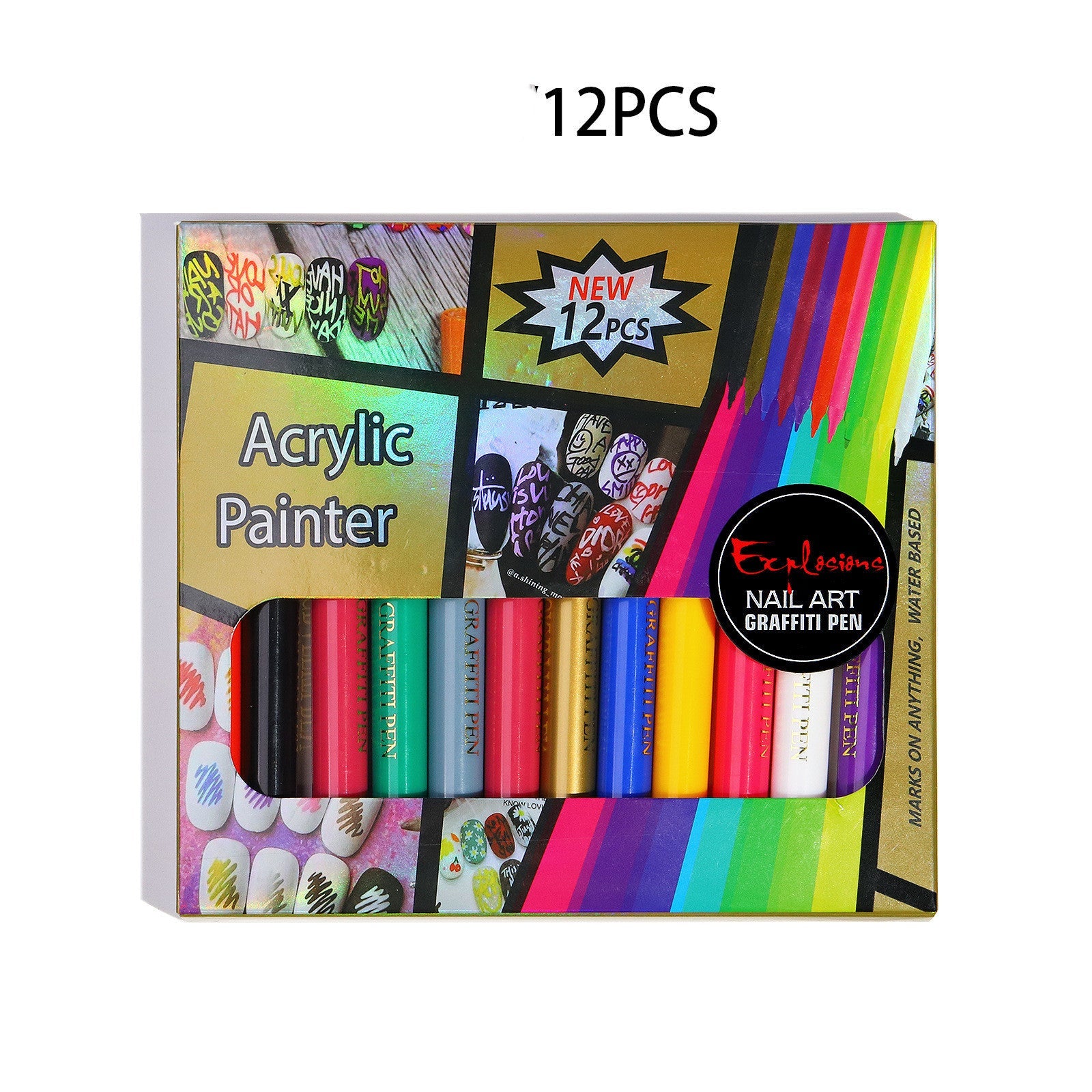 JMT-562058 Nail Art Painting Pen Set with One-Step Glue - 12 Color Smudge Pens and Dot Tool