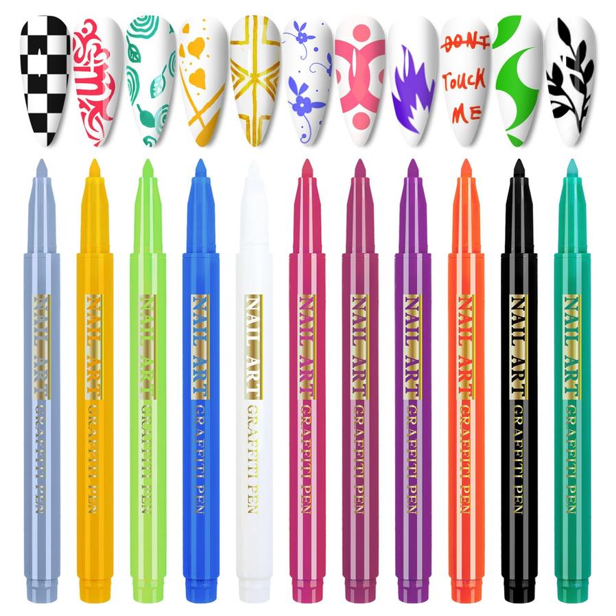 JMT-562058 Nail Art Painting Pen Set with One-Step Glue - 12 Color Smudge Pens and Dot Tool