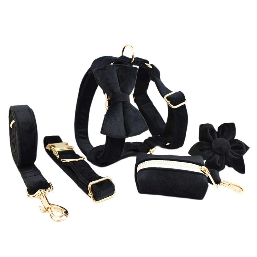 JMT-563082 Scalable Velvet Fabric Dog Collar Set with Bow, Flower, Vest, Leash & Poop Bag