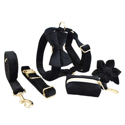 JMT-563082 Scalable Velvet Fabric Dog Collar Set with Bow, Flower, Vest, Leash & Poop Bag