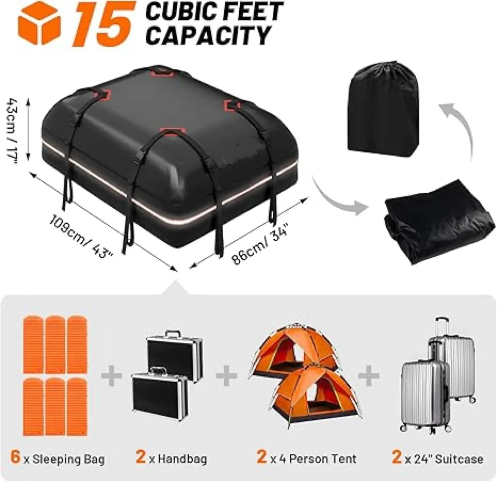 JMT-563530 Waterproof Rooftop Cargo Carrier Bag - 15 Cubic Feet Large Capacity, Durable 500D PVC Material for All Vehicles