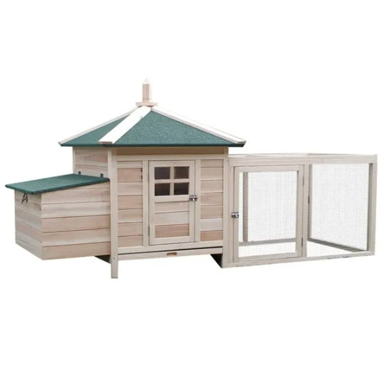 JMT-563914 Wooden Chicken Coop with Nesting Box, Ramps, and Removable Cleaning Tray, Natural Pine Wood Constructed