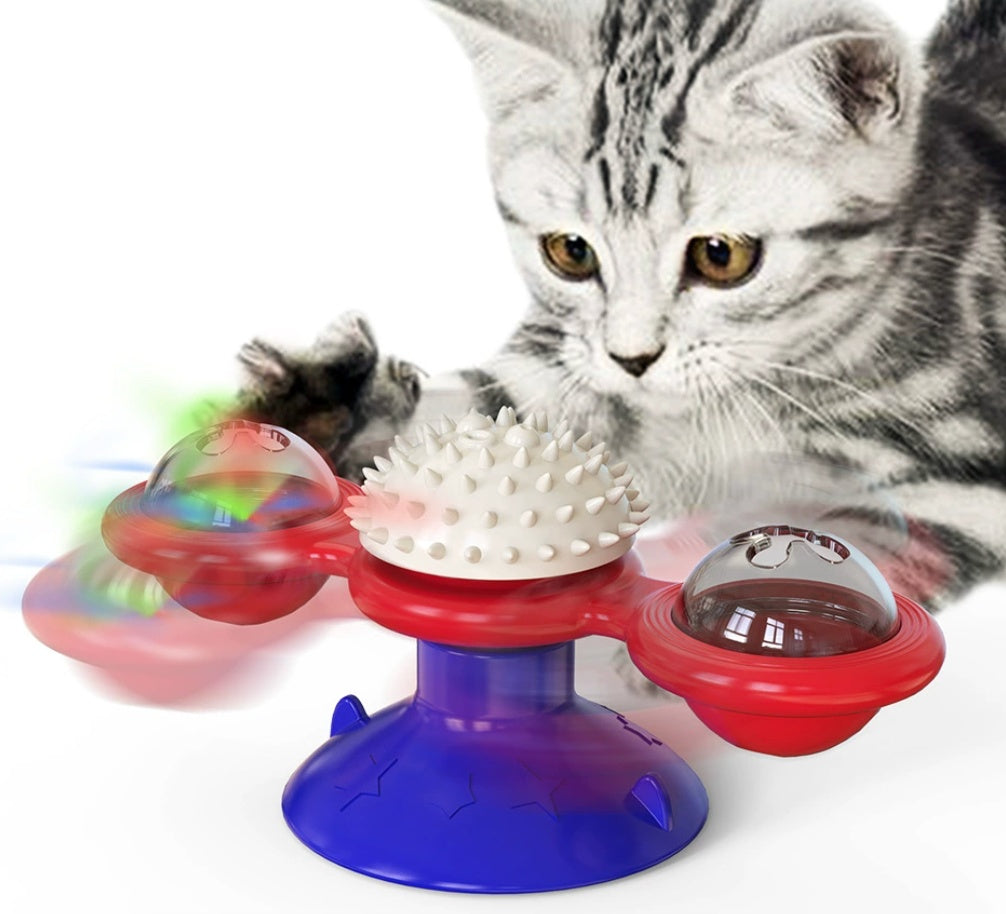 JMT-564042 Interactive Cat Entertainment Set with Rotating Disk, Feather Teasers, Tumbler, and Windmill Toy