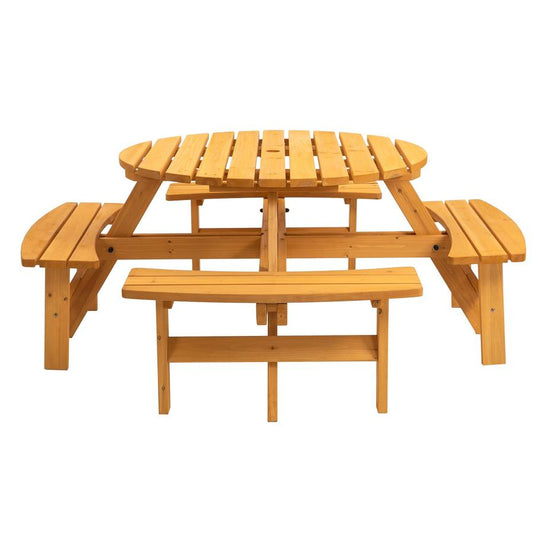 JMT-568394 Natural Wood Outdoor Picnic Table with 4 Built-in Benches for Camping and Gatherings