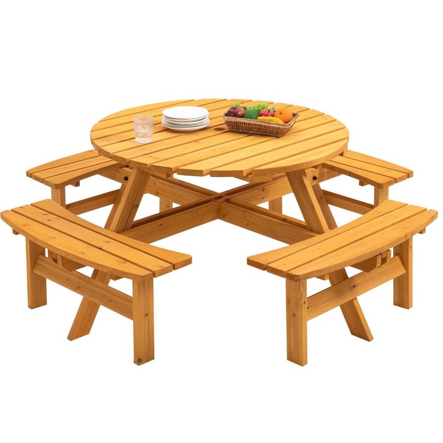 JMT-568394 Natural Wood Outdoor Picnic Table with 4 Built-in Benches for Camping and Gatherings