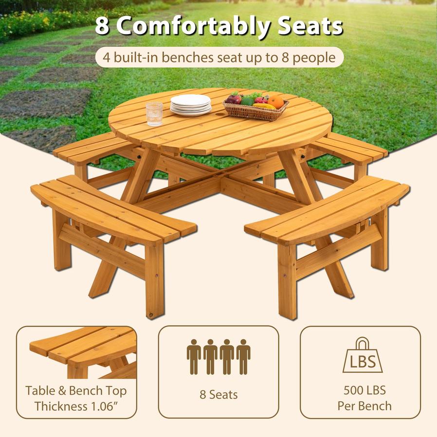 JMT-568394 Natural Wood Outdoor Picnic Table with 4 Built-in Benches for Camping and Gatherings